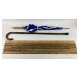 Wooden Advertising Rulers, Cane, and Folding Umbre