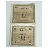 (2) Italy Series 1943 A 10 Lire currency notes