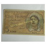 1944 Algeria 5 Francs currency note
