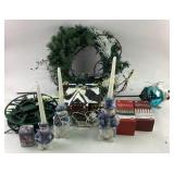Holiday Decor Including Wreath, Snowman Candle Hol