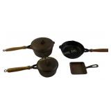 Cast Iron Cookware with Wooden Handles and Lids