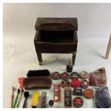 Wooden Shoe Shine Box, Polishes, Brushes, and Acce