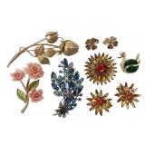 Costume Jewelry pins: tulips, blue flower, roses,