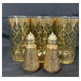 22kt Gold MCM Lotus salt and pepper shakers, and