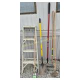 Step Ladder, Metal: Shovel, Rakes (2), Hoe & Weed
