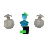 Pair Art Deco satin glass perfume bottles, lid