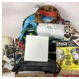 Blankets, sweatshirts in tough box.  Lamp,