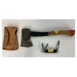 Bridgeport Boy Scout axe in leather sheath,