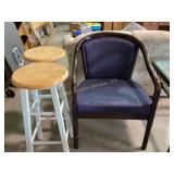 Wooden Bar Stools and Upholstered Wooden Armchair