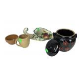 Stoneware cookie jar, mixing bowl, pitcher, hand