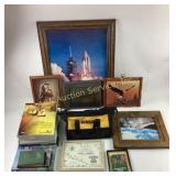 Christmas items:  ornaments, string lights in