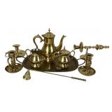 Brass colored teapot, creamer and sugar dishes,