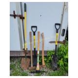 Axe, sledgehammer, pickaxe,  shovels