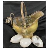 Brass Vessel with Ceramic Handle and Glass Eggs, O