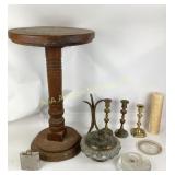Wooden Fern Stand, Brass Candlesticks, Glassware,