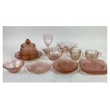 Pink depression glass: etched grapes goblet,
