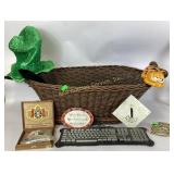 Large wicker basket, Garfield phone part, brass