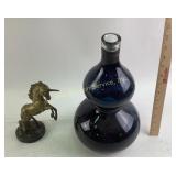 Blue Glass Double Gourd Vase and Brass Unicorn Fig
