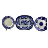 Flow Blue China Plates and Platter with Floral Pat