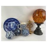 Flow Blue Plate, Amber Glass Orb with Stand, Stock