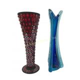 Glass Vase Blue Triangular Shape & Rhinestone