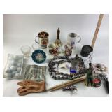 Ceramic Mugs, Glassware, Beaded Necklaces, Figurin