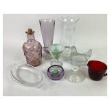 Purple glass jar, vase, Glasbake fish, glass hens