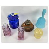 Satin blue milk glass bell, blue etched glass