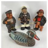 Wooden painted duck, (3) Wooden sea captain