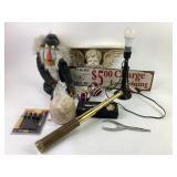 Brass telescope, Whining charge metal sign,