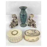 Carved Decorative Boxes, Stone Vase, and Figurines