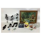 Musical decorations, fishing mug, salt and pepper