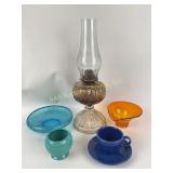 Glass Oil Lamp, fiesta cup and saucer
