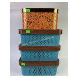 Storage Boxes Plastic Teal with Wood Look Lids