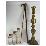 Brass Candle holder, Glass Bottles with Cork Stopp