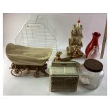 Glass Jars, Red Vase, Covered Wagon Model, Figurin