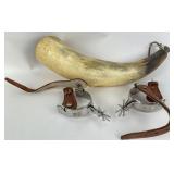 Hunting Horn made from Cow Horn, Metal Spurs with