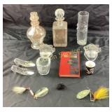 Glass Decanters, Drinkware, Fishing Lures, and Bar