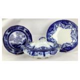 Flow Blue Plates and Oval Lidded Serving Dish