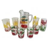 MCM tomato glass pitcher and (4) federal glass