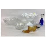 Glass Angel figure, ruffled milk glass bowl,