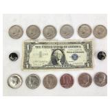 Silver inlaid horn buttons, 1957 US 1$ silver