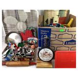 Copper bottom revere ware pots, trays, fridge