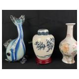 Art, glass fish, and two vases all in good