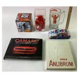 Hulk Hogan beer mug, Star Wars trivia box, NASCAR