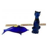 Blue Glass Dolphin and Cat Figurines