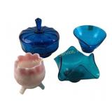 Blue and Pink Glassware With Bowls and Lidded Dish
