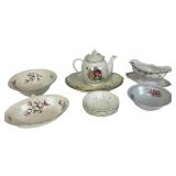 Homer Laughlin bowls, rose tureen, floral teapot