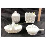 Milk glass basket, covered dishes and good