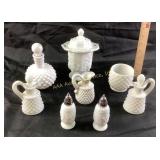 Milk glass salt and pepper shakers cruets,